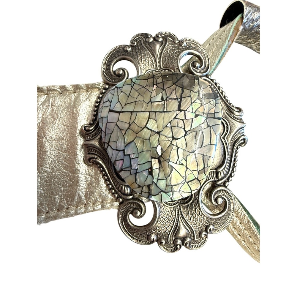 Vintage Womens Belt Ornate Silver Abalone Shell Mosaic Elastic Cinch Waist Large - Picture 9 of 10